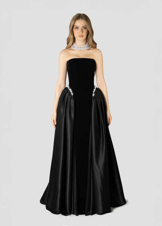 Black Velvet and Pearls Embroidered Dress