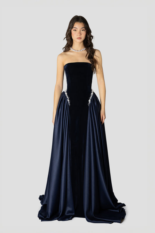 Dark Blue And Pearls Embroidered Dress