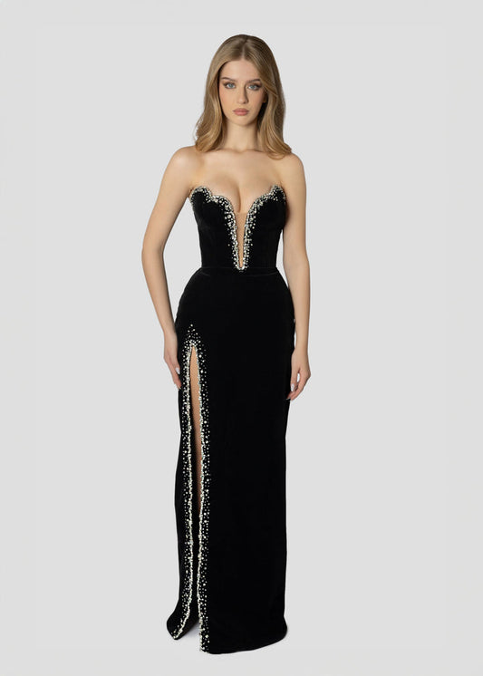 High Slit Black Velvet Dress